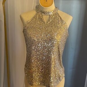Cable & Gauge Beige Sequin Sleeveless Halter Neck Top